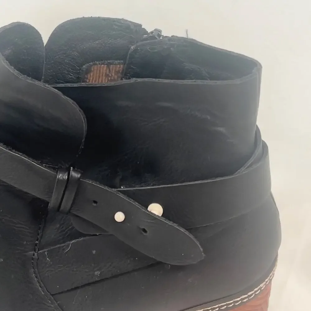 BlackFaux Leather Korks Trisha Platform Booties Adj Buckle Strap Womens 11M